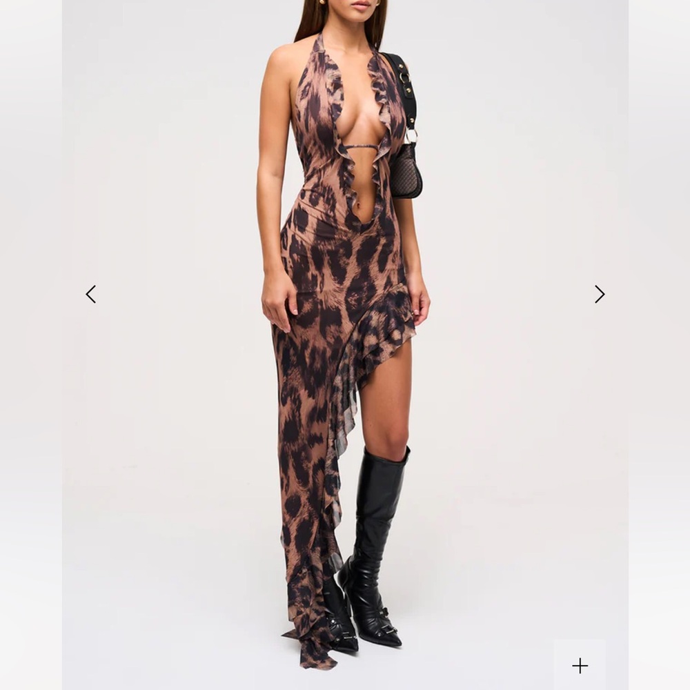 Asymmetrical Brown Animal-Print Halter Dress